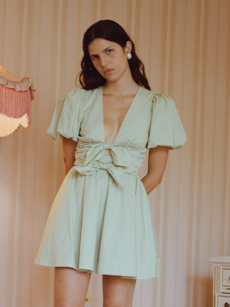 Amber | Mini Summer Dress with Deep V-Neck and Puff Sleeves