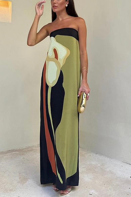 Helen | Maxi Wedding Guest Dress with Strapless Bodice and Abstract Print