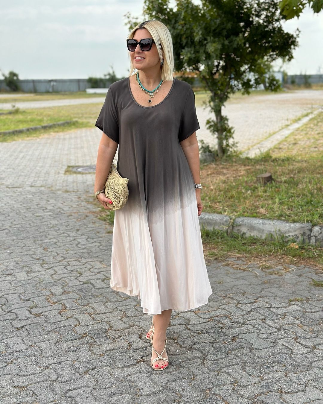 Sophie | Midi Summer Dress with Ombre Print and Round Neckline