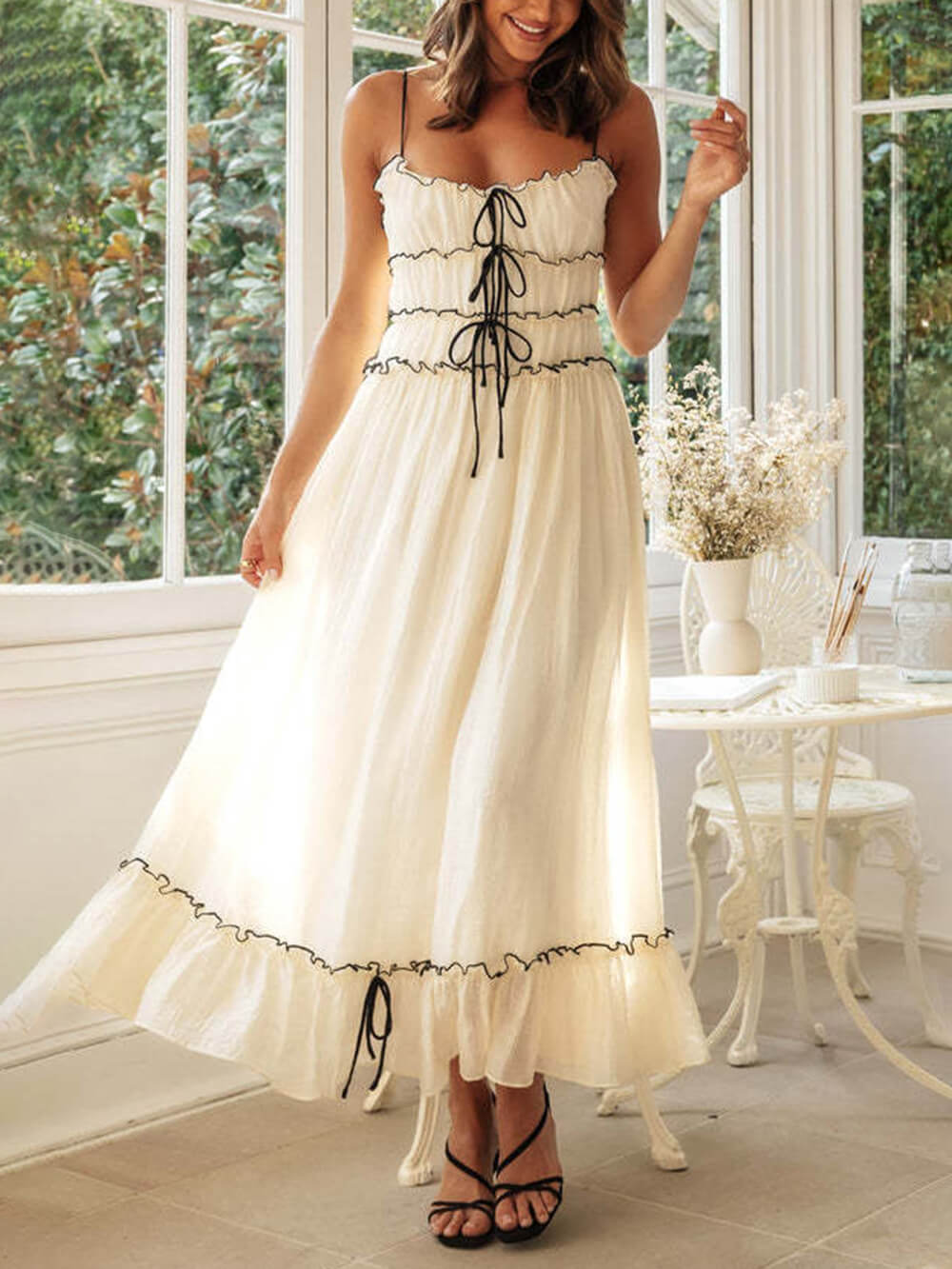 Helen | Midi Summer Dress with Spaghetti Straps and Contrast Trim