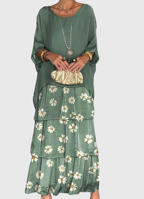 Susan | Two-Piece Set with Round Neck Top and Maxi Tiered Skirt