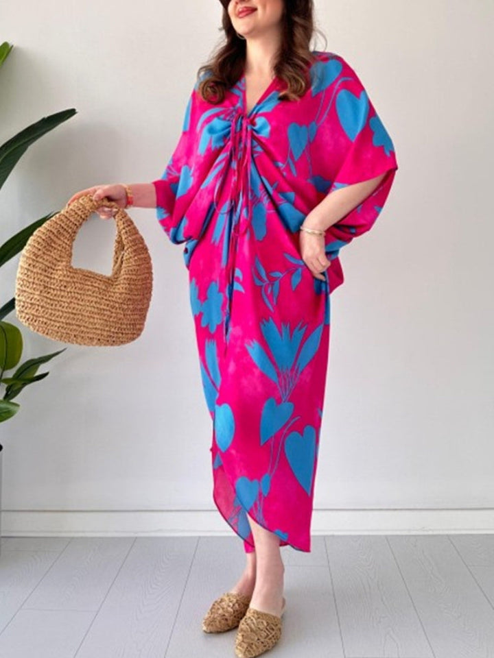 Beth | Maxi Holiday Dress with Floral Print and Batwing Sleeves