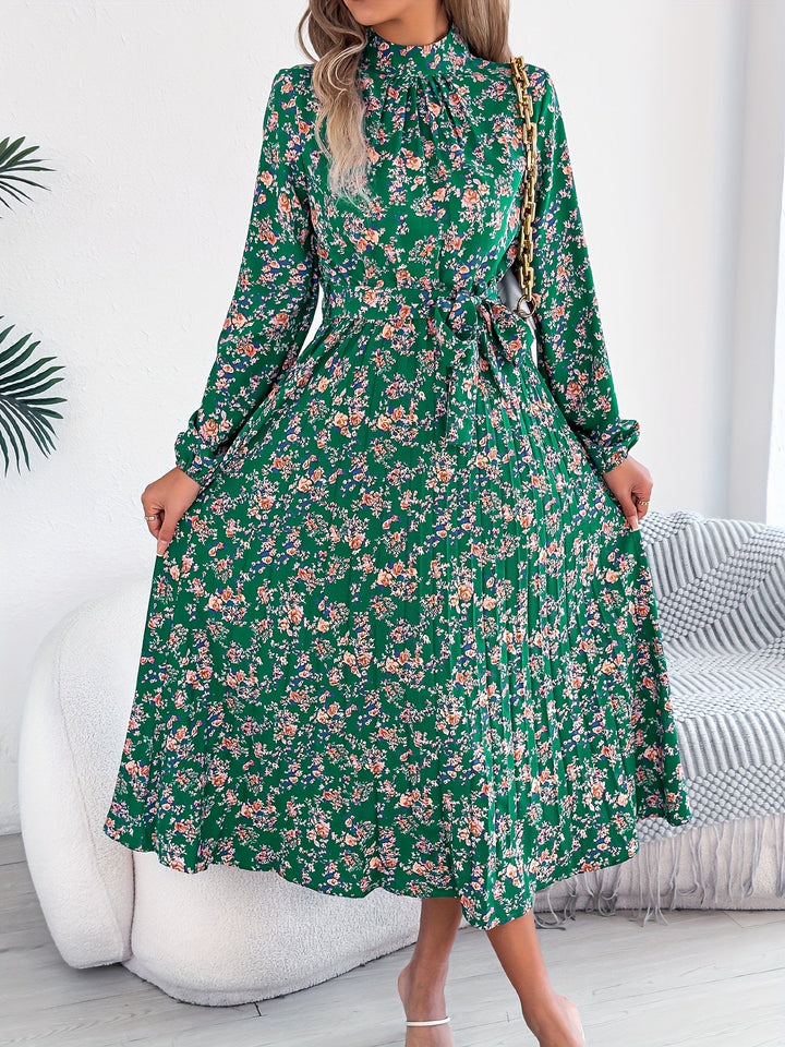 Sky | Midi Wedding Guest Dress with Floral Print and Long Sleeves