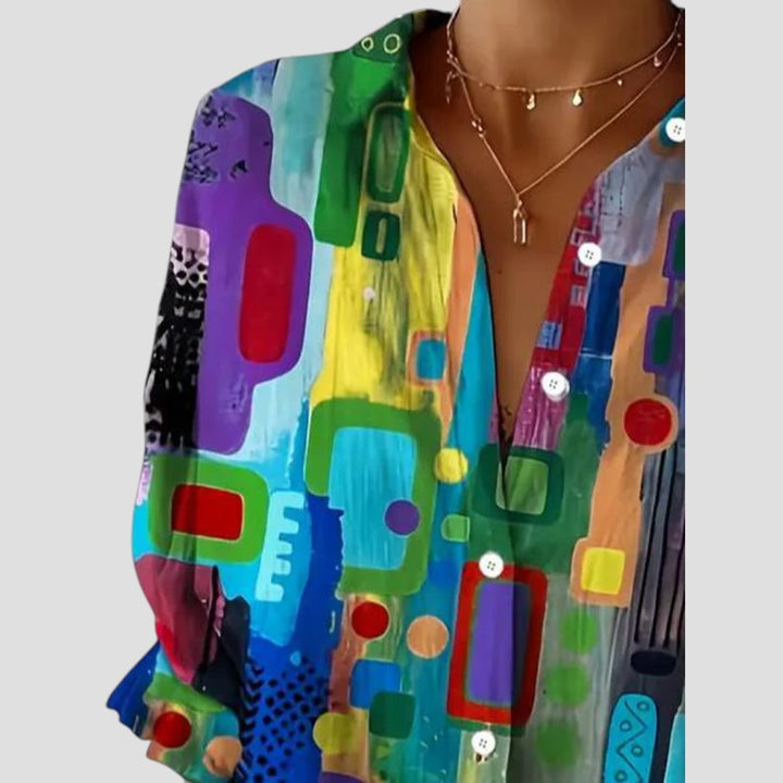 Freya | Abstract Print Top with Button Front and Long Sleeves
