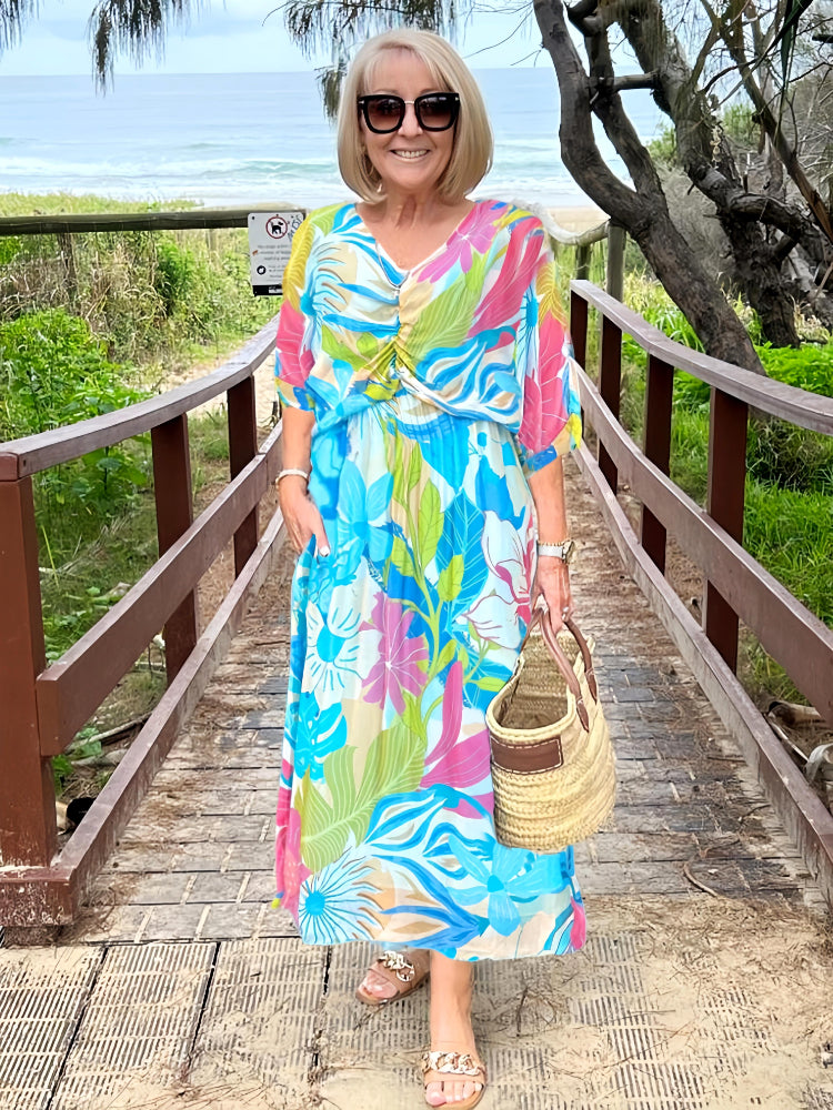 Quinn | Midi Summer Dress with Tropical Print and Twist Front