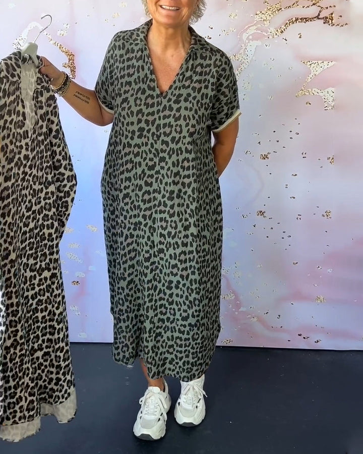 Lenny | Midi Summer Dress with Leopard Print and V-Neck