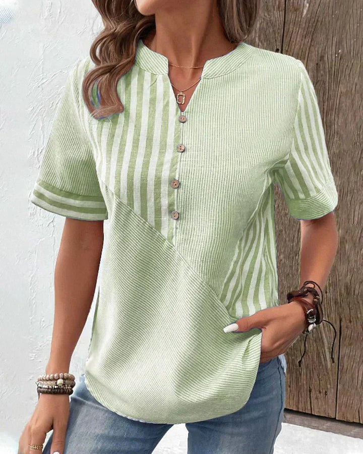 Nia | Striped Top with V Neckline and Button Detail