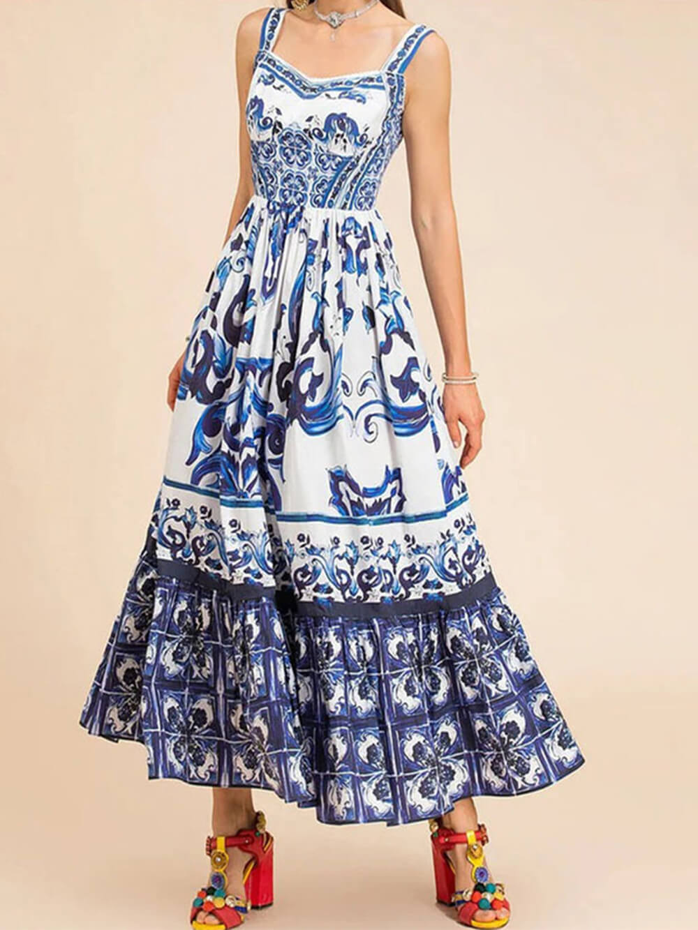 Edith | Boho Midi Dress Square Neck Tiered
