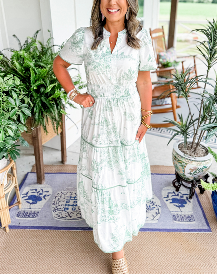 Nova | Midi Shirt Dress with Toile Print and Tiered Skirt