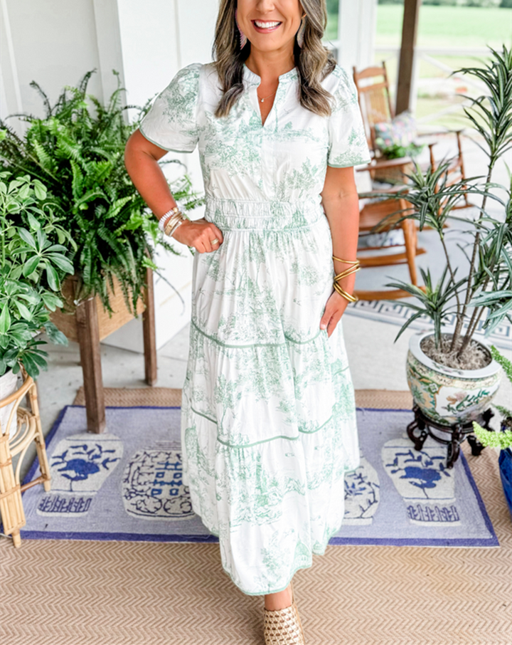 Nova | Midi Shirt Dress with Toile Print and Tiered Skirt
