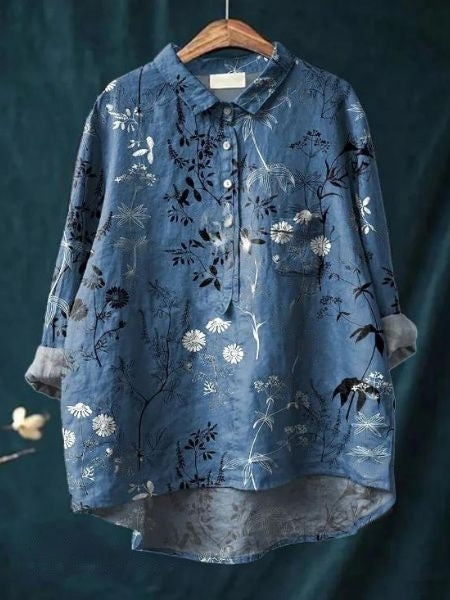 Flora | Floral Print Blouse with Shirt Collar and Long Sleeves