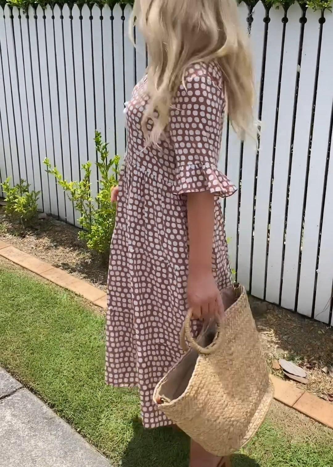 Helen | Midi Polka Dot Dress with Puff Sleeves and Tiered Skirt