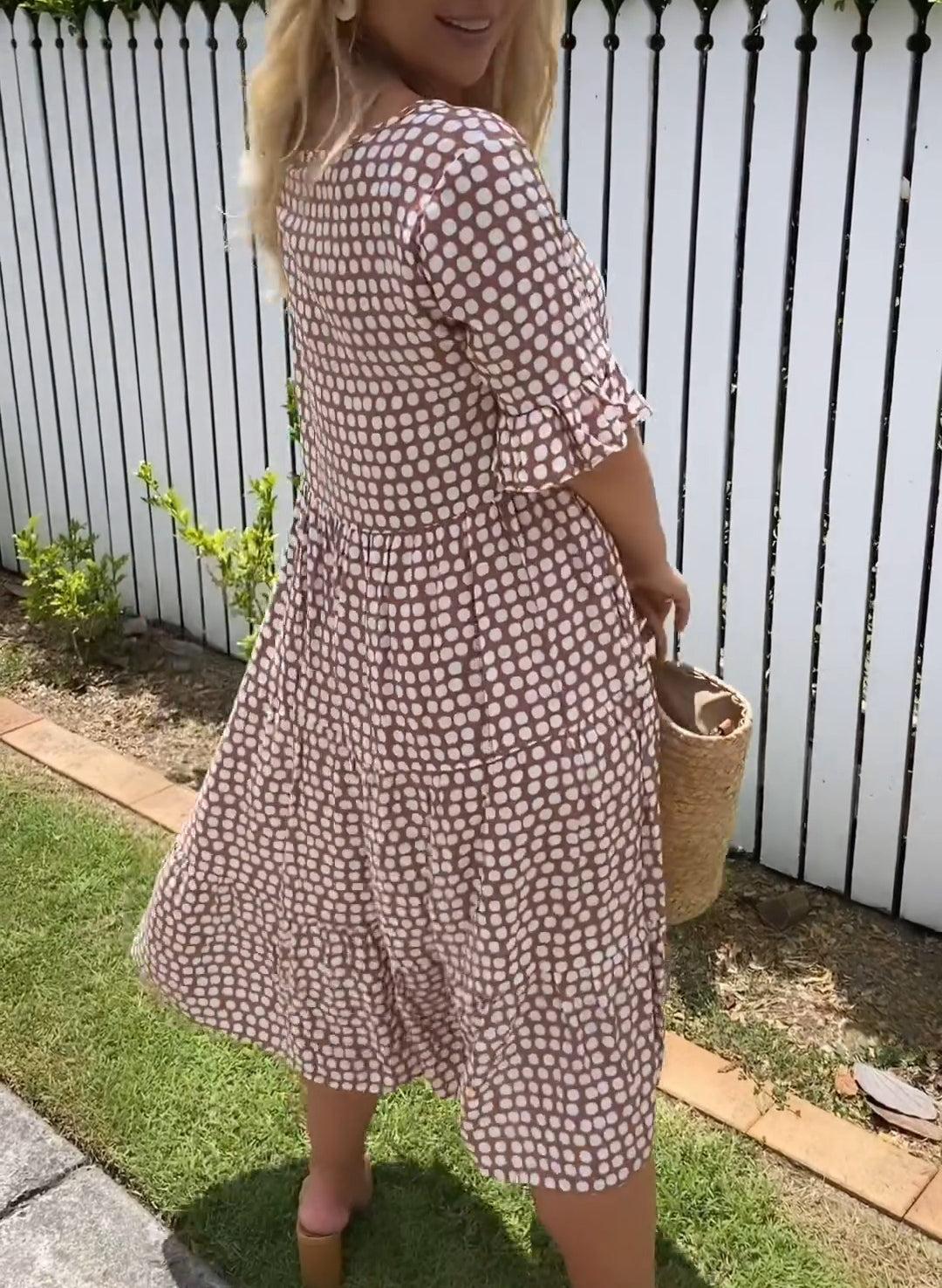 Helen | Midi Polka Dot Dress with Puff Sleeves and Tiered Skirt
