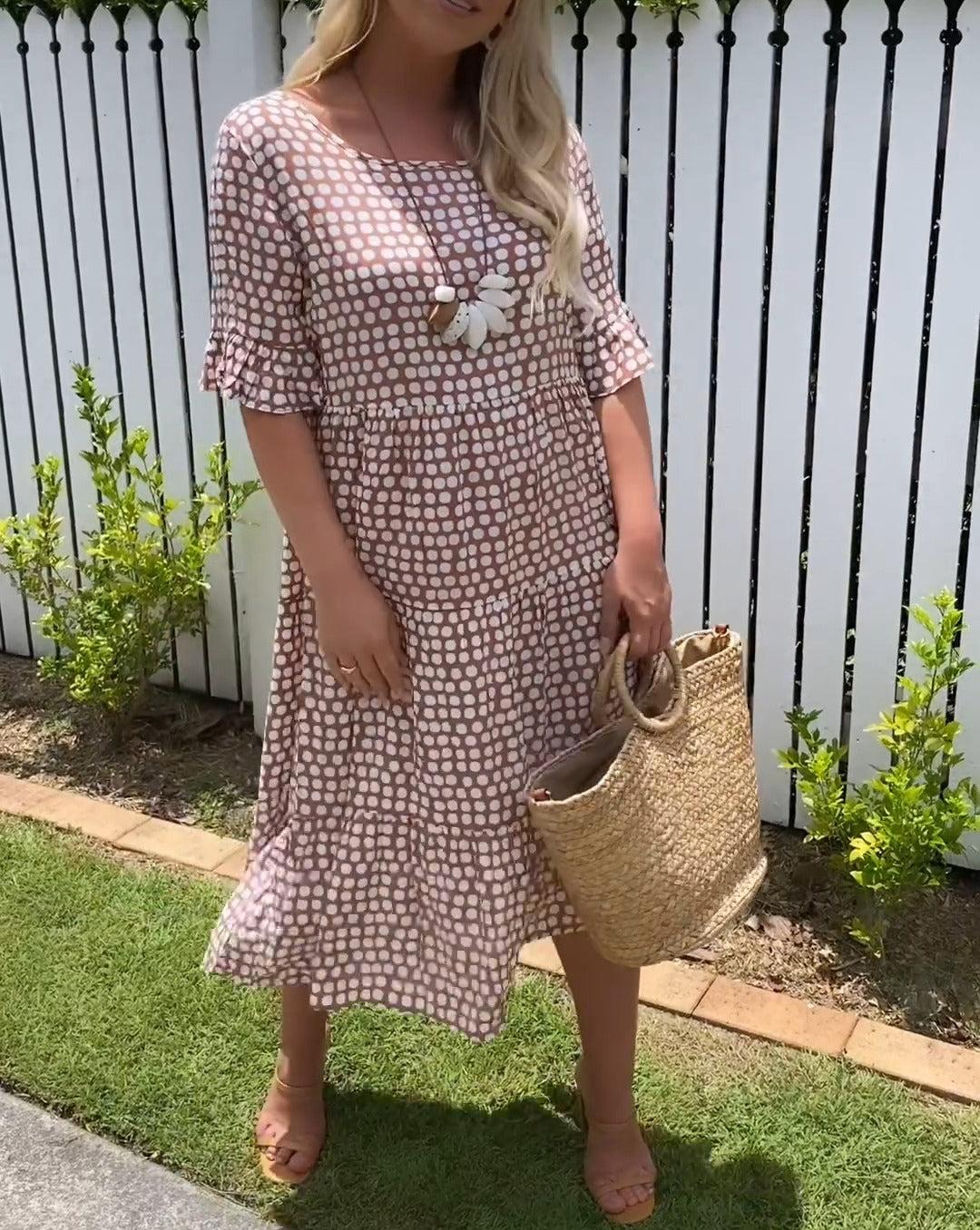Helen | Midi Polka Dot Dress with Puff Sleeves and Tiered Skirt