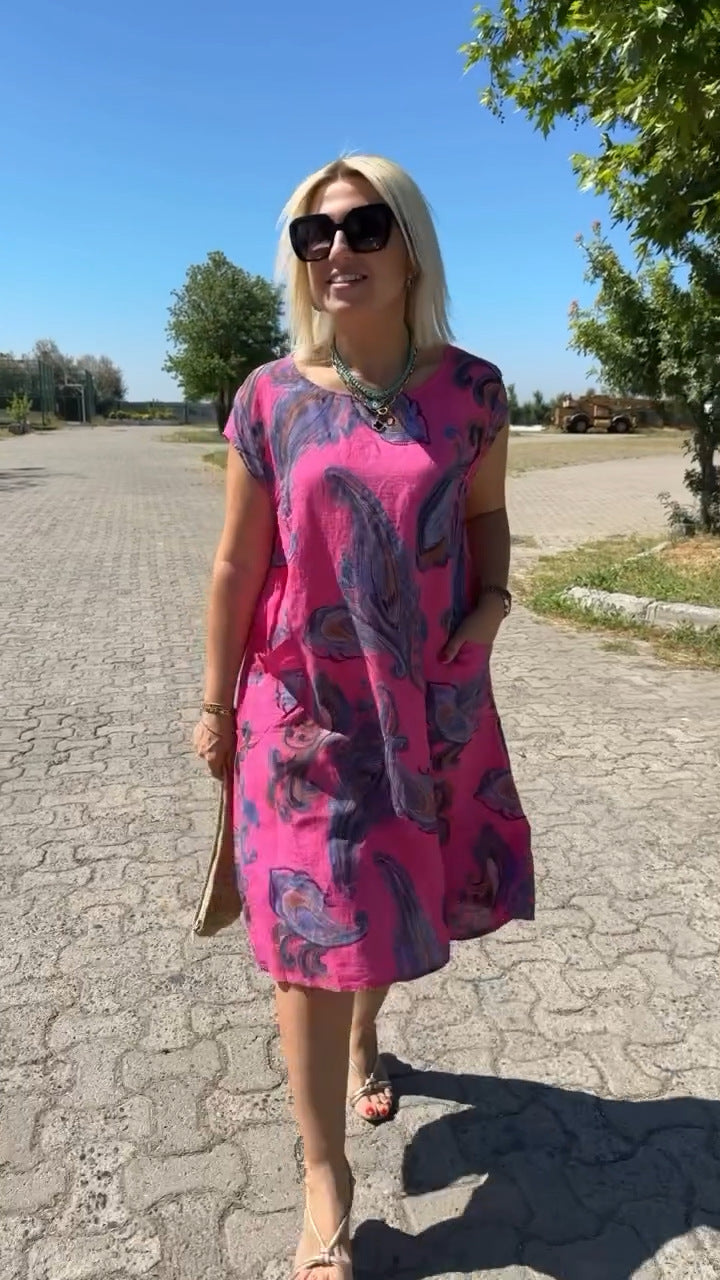 Alice | Midi Summer Dress with Abstract Print and Front Pockets