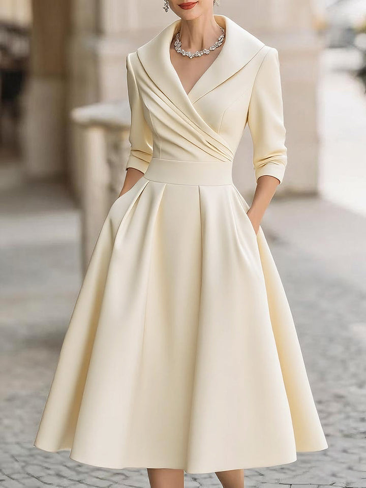 Reece | Midi Cocktail Dress with Collared Neck and Long Sleeves