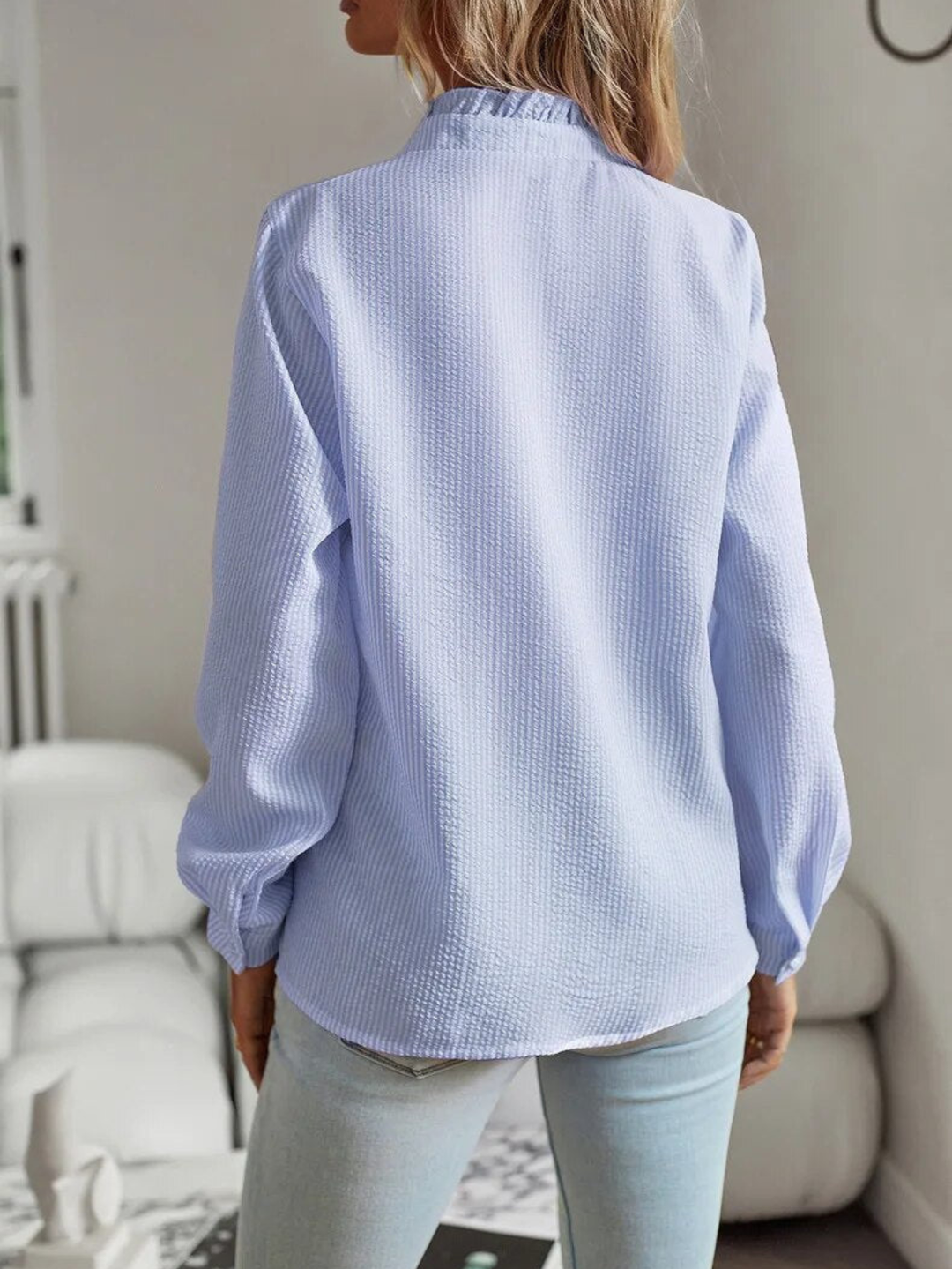 Millie | Ruffle Trim Blouse with Shirt Collar and Long Sleeves