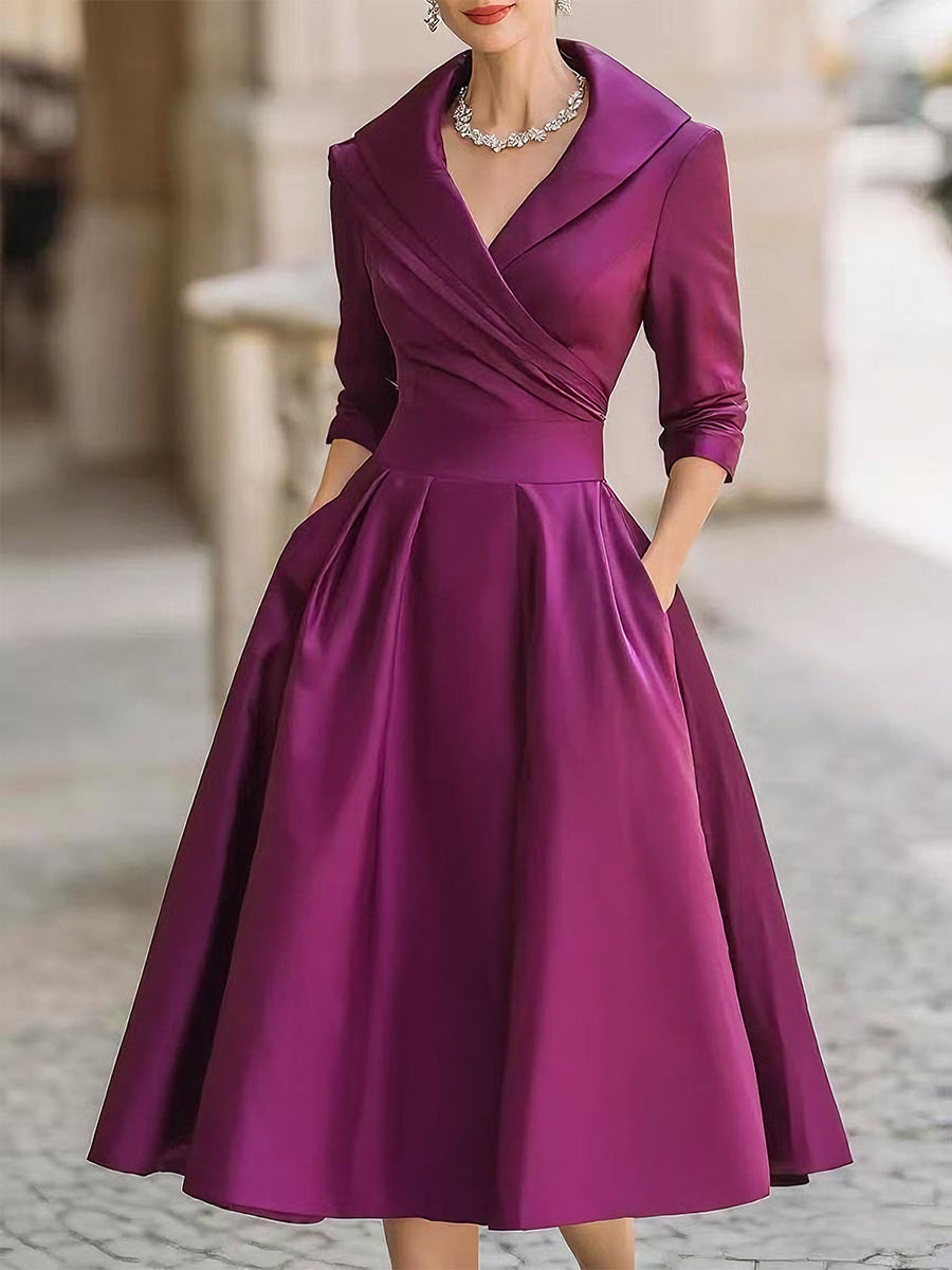 Reece | Midi Cocktail Dress with Collared Neck and Long Sleeves