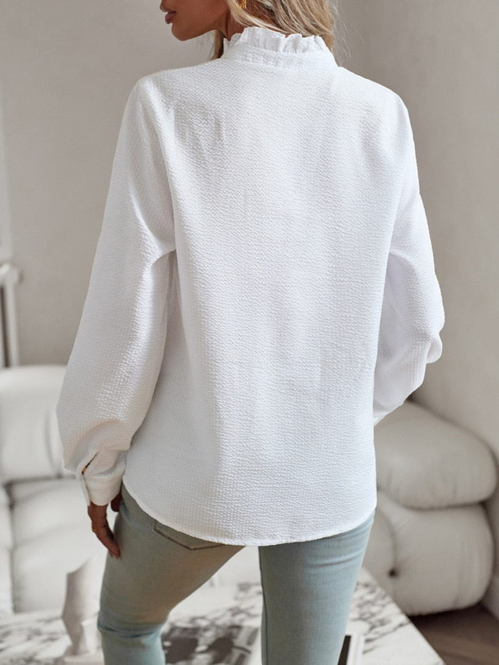 Millie | Ruffle Trim Blouse with Shirt Collar and Long Sleeves