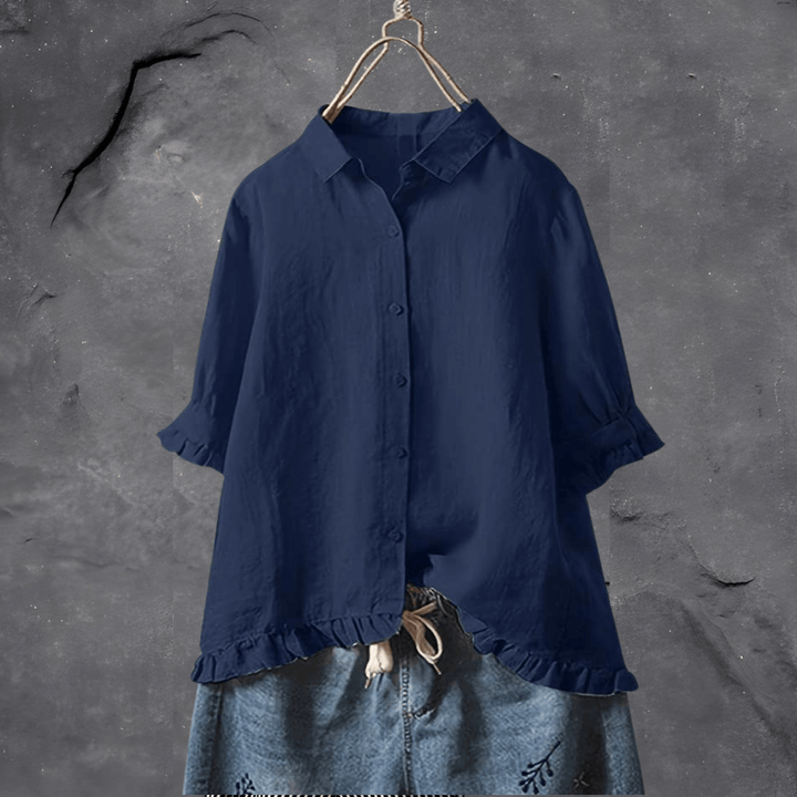 Dot | Short Sleeve Blouse with Ruffle Hem and Button Front