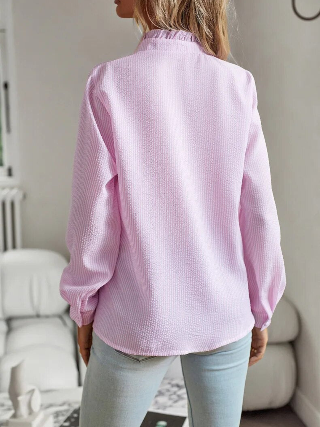 Millie | Ruffle Trim Blouse with Shirt Collar and Long Sleeves