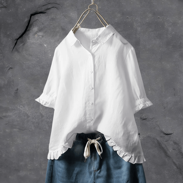 Dot | Short Sleeve Blouse with Ruffle Hem and Button Front