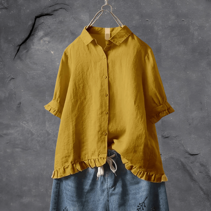 Dot | Short Sleeve Blouse with Ruffle Hem and Button Front