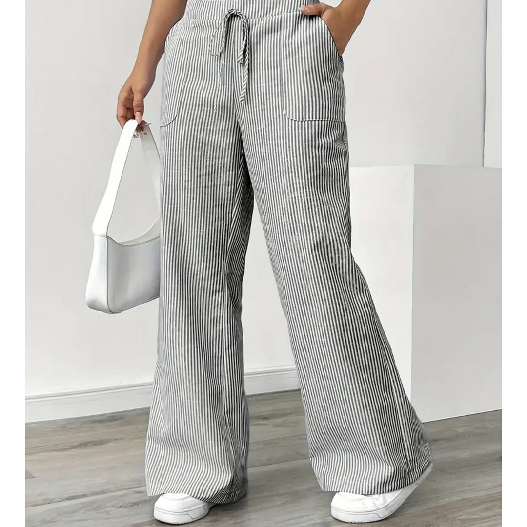 Sandy | Wide Leg Trousers with Striped Print and Drawstring Waist