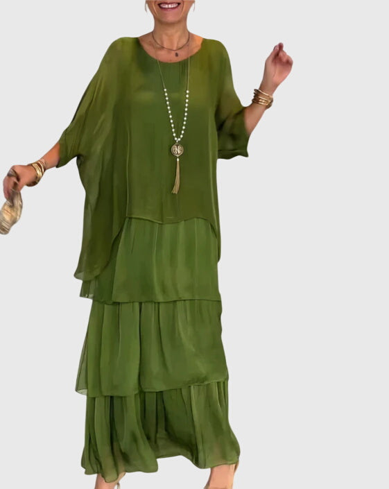 Susan | Two-Piece Set with Round Neck Top and Maxi Tiered Skirt