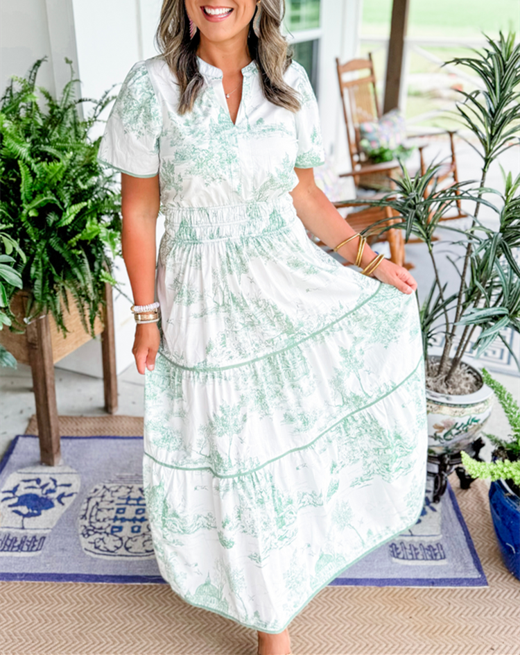 Nova | Midi Shirt Dress with Toile Print and Tiered Skirt