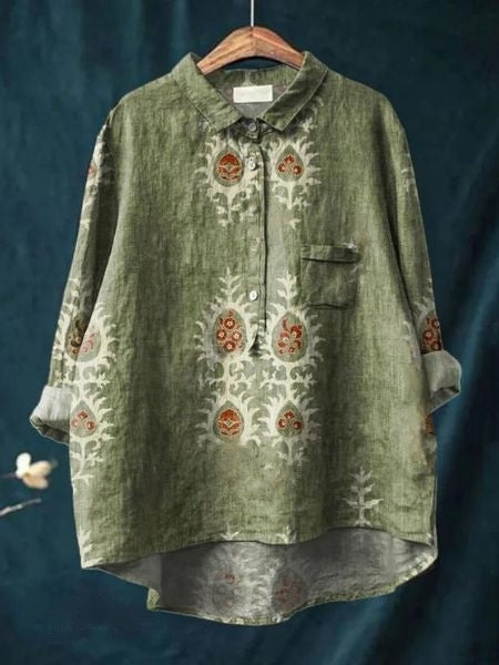 Flora | Floral Print Blouse with Shirt Collar and Long Sleeves