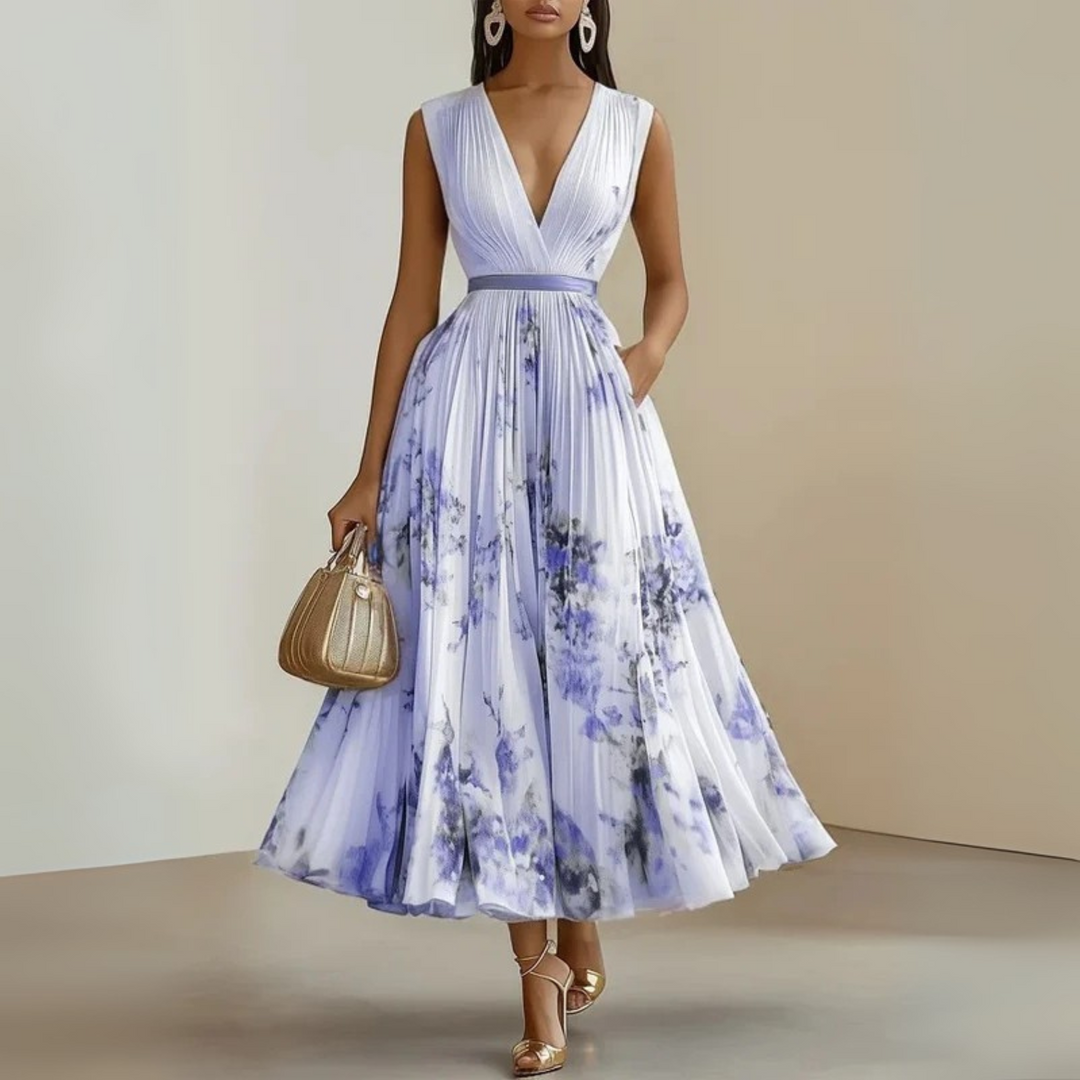 Nora | Maxi Wedding Guest Dress with Floral Print and Pleated Skirt