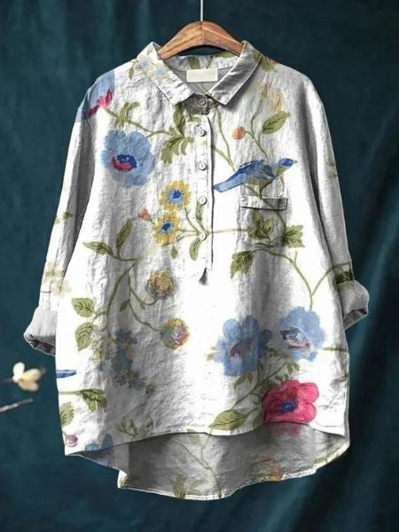 Flora | Floral Print Blouse with Shirt Collar and Long Sleeves