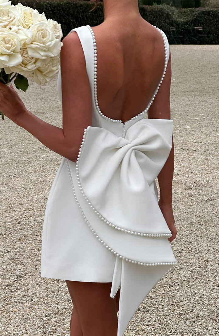 Amber | Mini Wedding Guest Dress with Pearl Trim and A-Line Cut