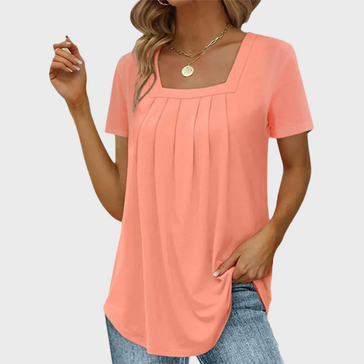 Demi | Pleated Front Top with Square Neck and Short Sleeves