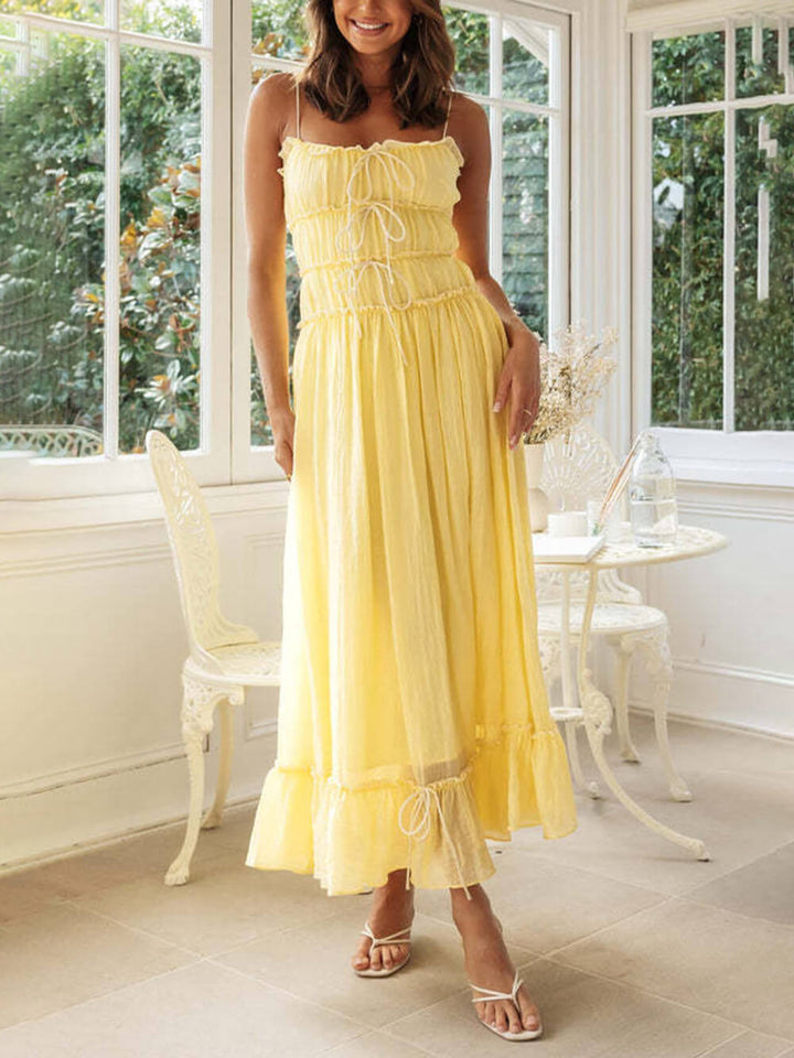 Helen | Midi Summer Dress with Spaghetti Straps and Contrast Trim