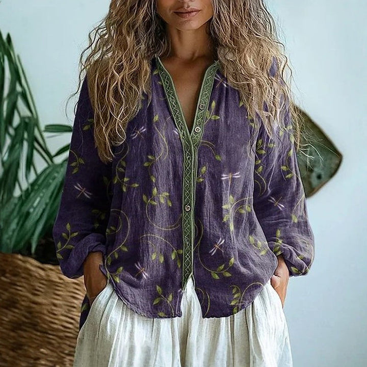 Ferris | Novelty Print Blouse with V Neckline and Button Front