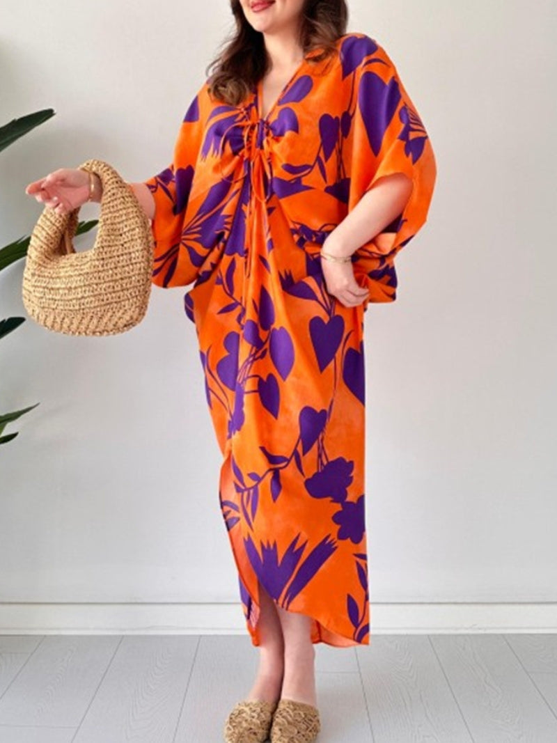 Beth | Maxi Holiday Dress with Floral Print and Batwing Sleeves