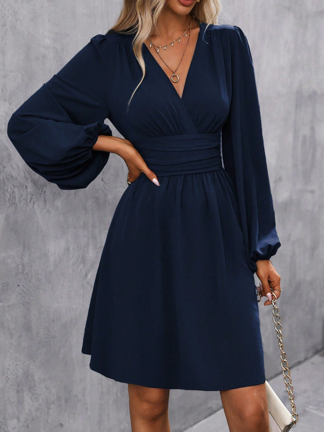 Bella | Midi Cocktail Dress with Lantern Sleeves and V-Neck