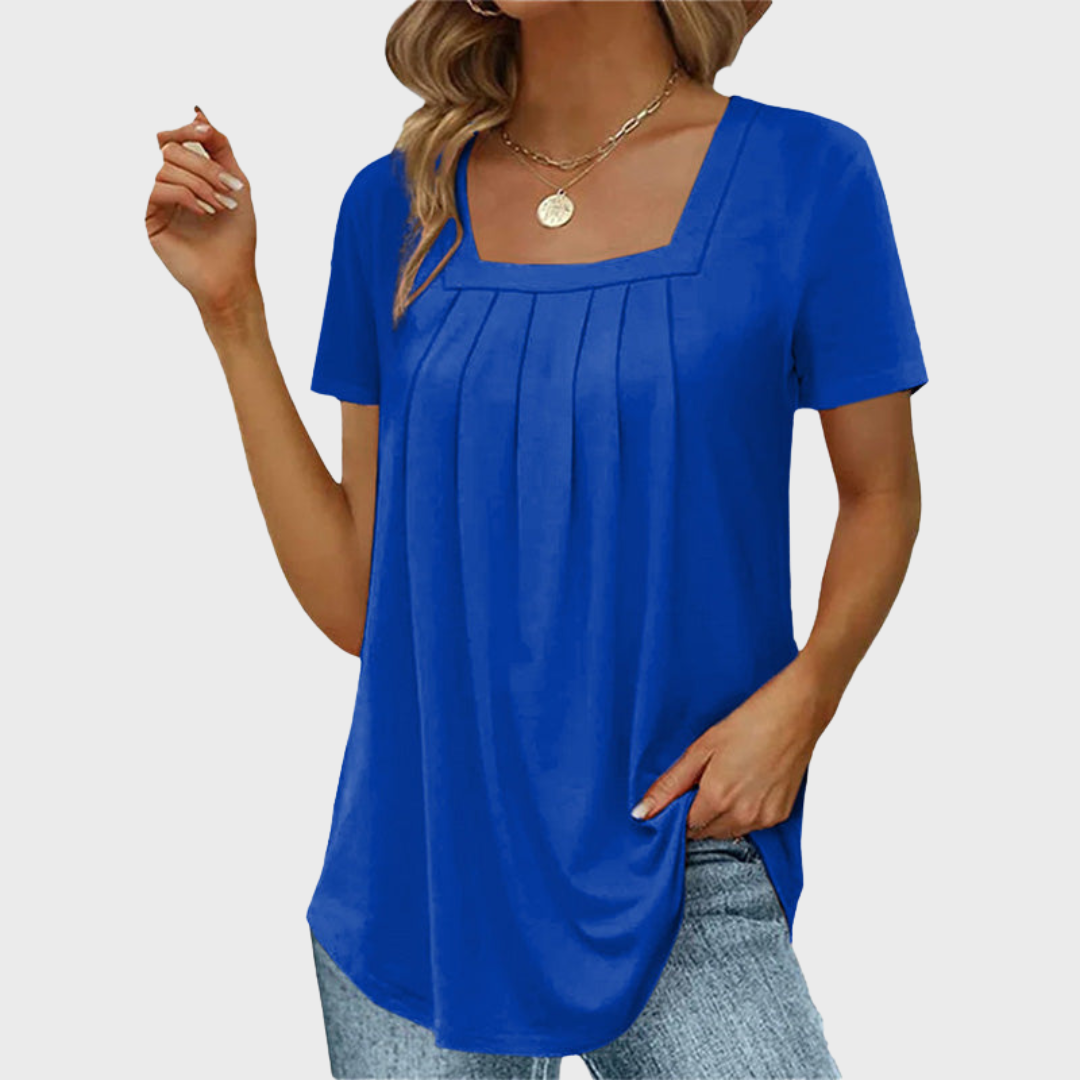 Demi | Pleated Front Top with Square Neck and Short Sleeves