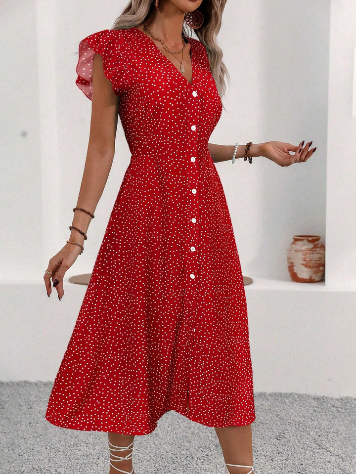 Amy | Midi Polka Dot Dress with V-Neck and Side Slit