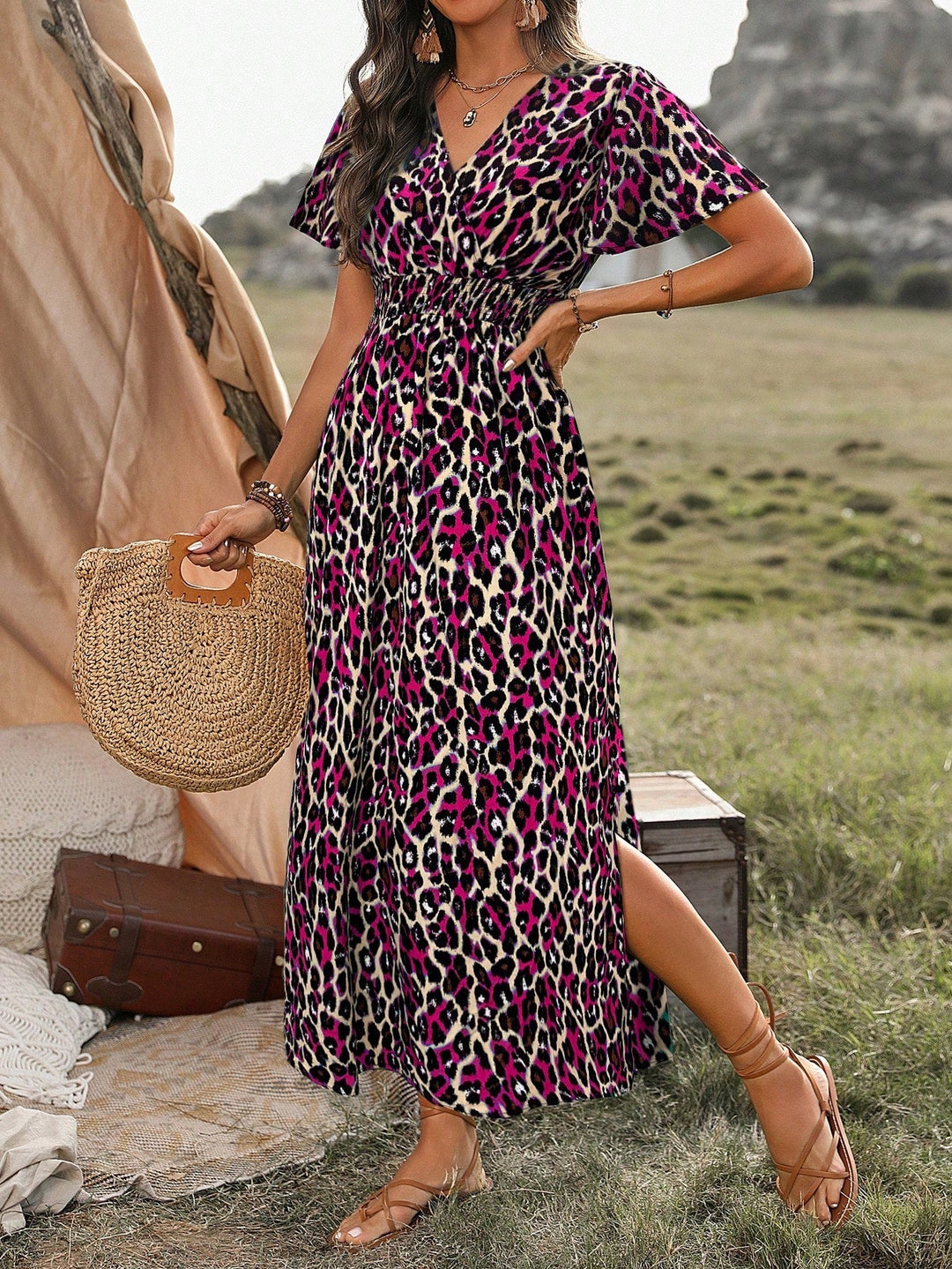 Gina | Midi Summer Dress with Leopard Print and Flutter Sleeves