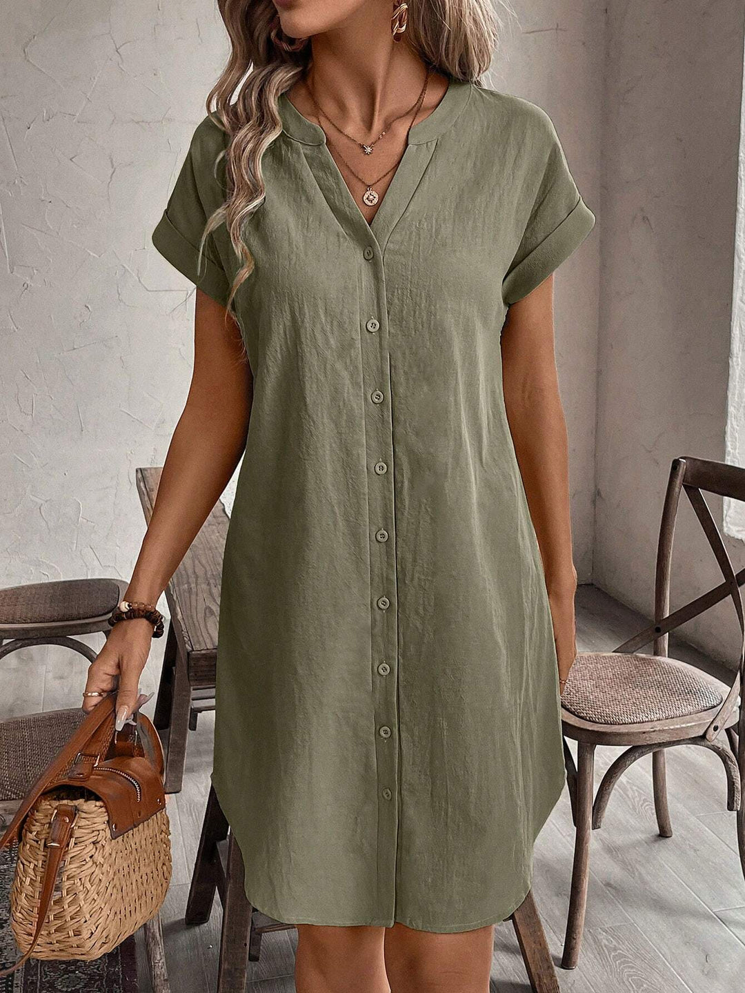 Nicole | Mini Shirt Dress with V-Neck and Short Sleeves