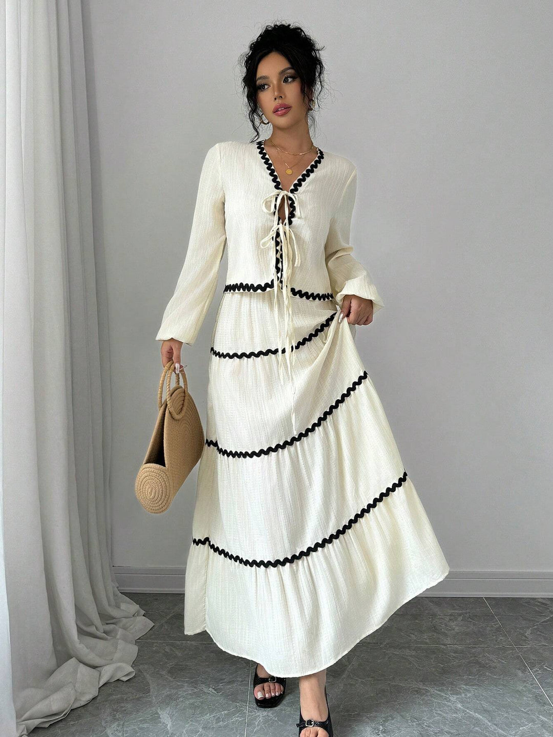 Natalie | Two-Piece Set with V-Neck Top and Maxi Tiered Skirt
