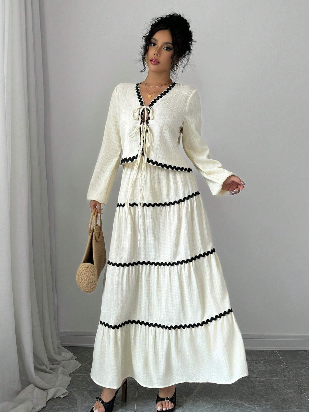 Natalie | Two-Piece Set with V-Neck Top and Maxi Tiered Skirt