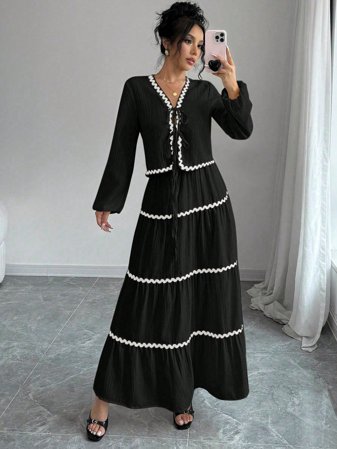 Natalie | Two-Piece Set with V-Neck Top and Maxi Tiered Skirt