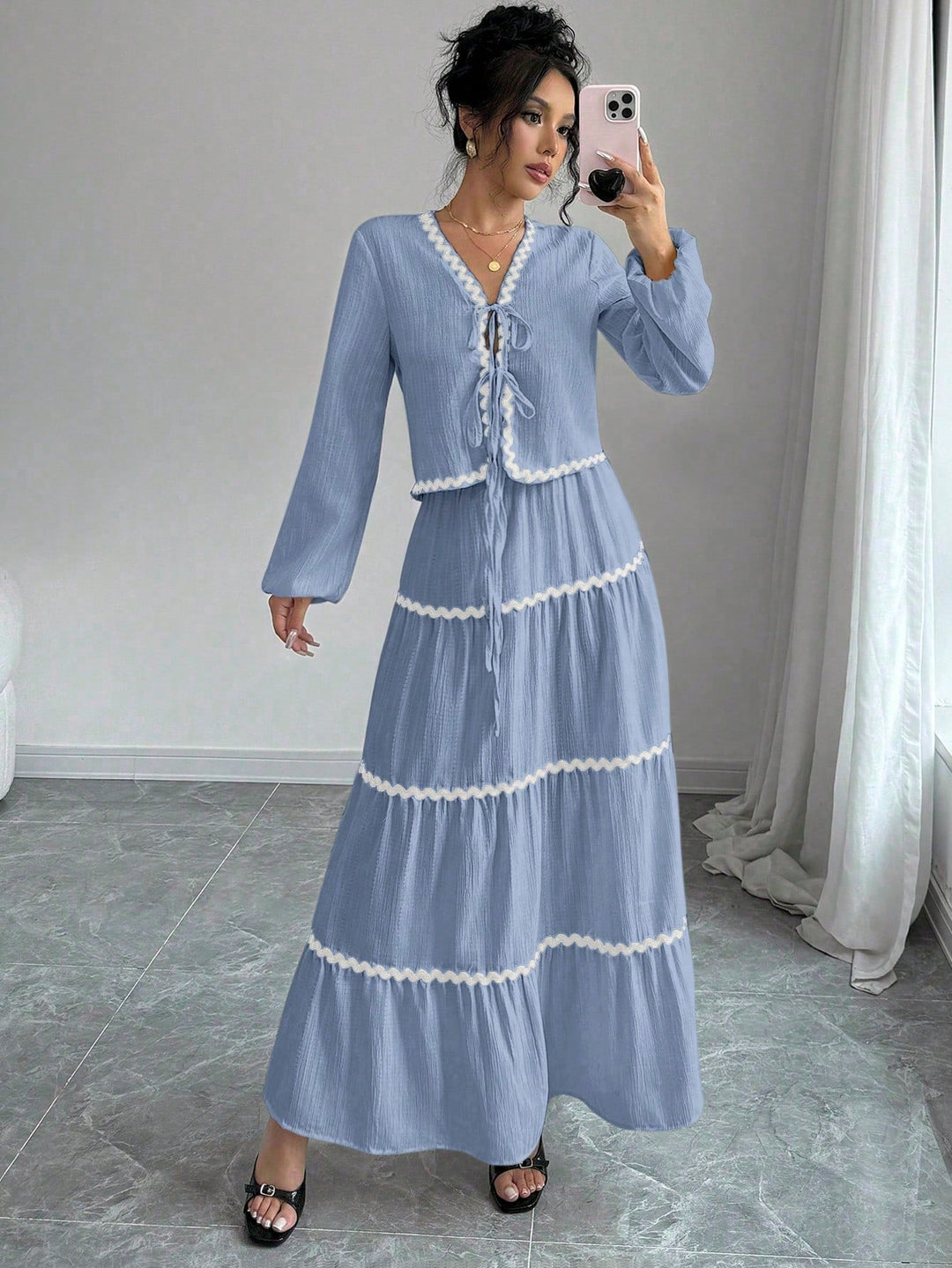 Natalie | Two-Piece Set with V-Neck Top and Maxi Tiered Skirt
