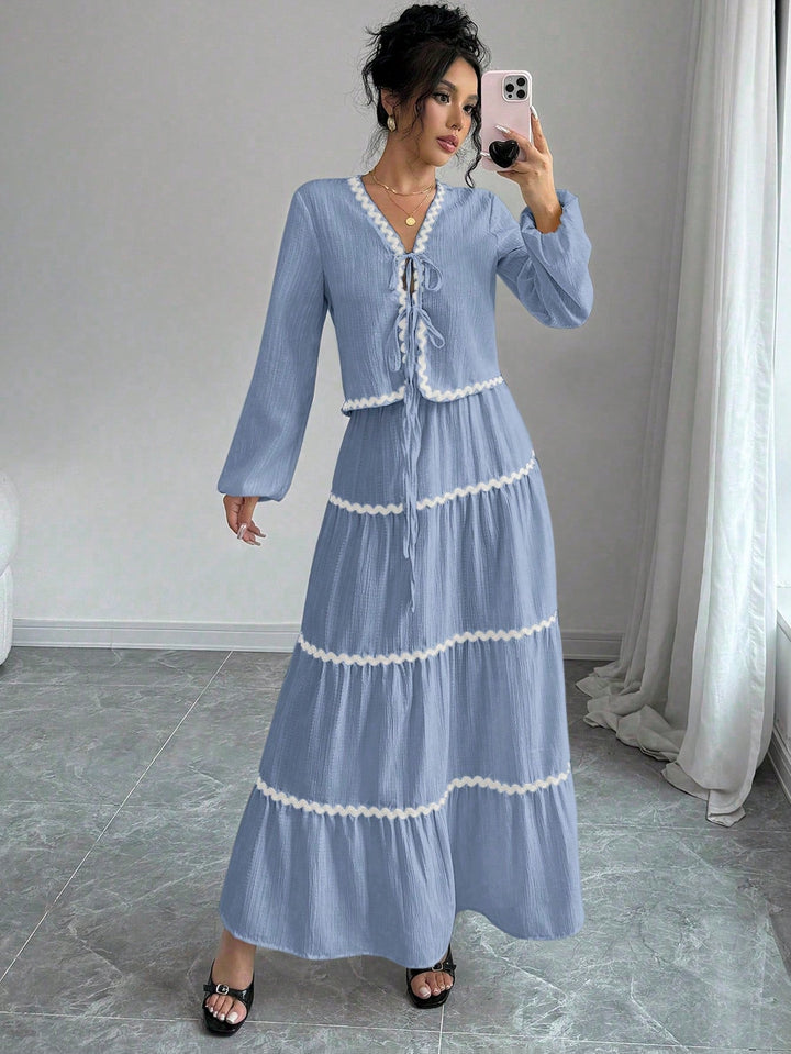 Natalie | Two-Piece Set with V-Neck Top and Maxi Tiered Skirt
