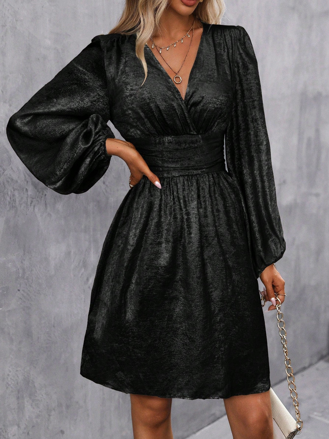 Bella | Midi Cocktail Dress with Lantern Sleeves and V-Neck
