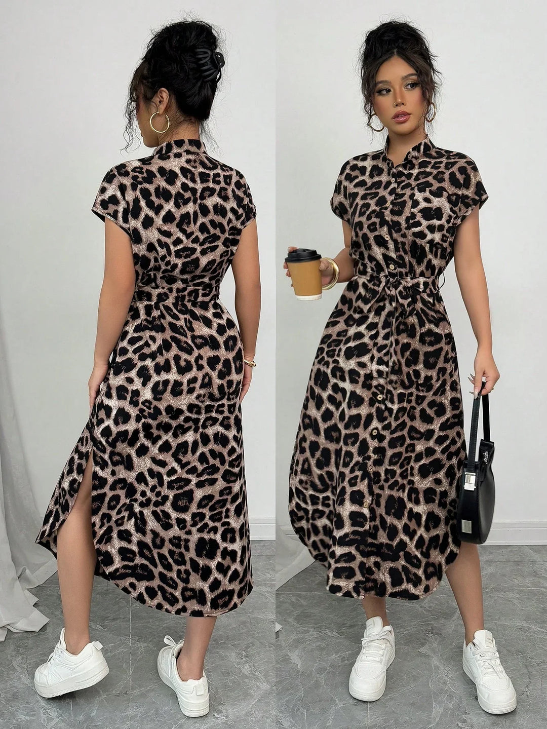 Willow | Midi Shirt Dress with Leopard Print and Belted Waist